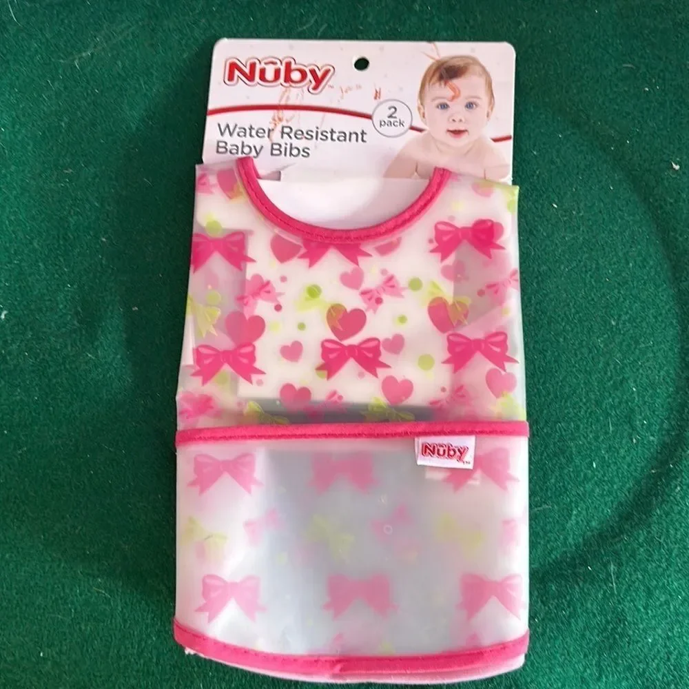 Nuby Water Resistant Bibs 2-Pack | Pink with Front Pocket | Baby Feeding Bibs